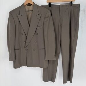 Vtg 80s Strathmore 100% Wool Double Breasted Suit 44R 40x30 Taupe Pinstripe USA
